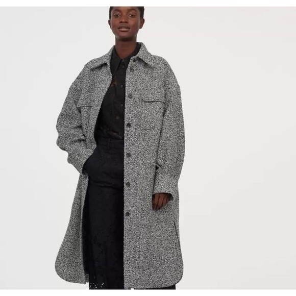 Women’s H&M Long Black White Herringbone Button Up Shacket Jacket Coat Medium - Picture 3 of 11